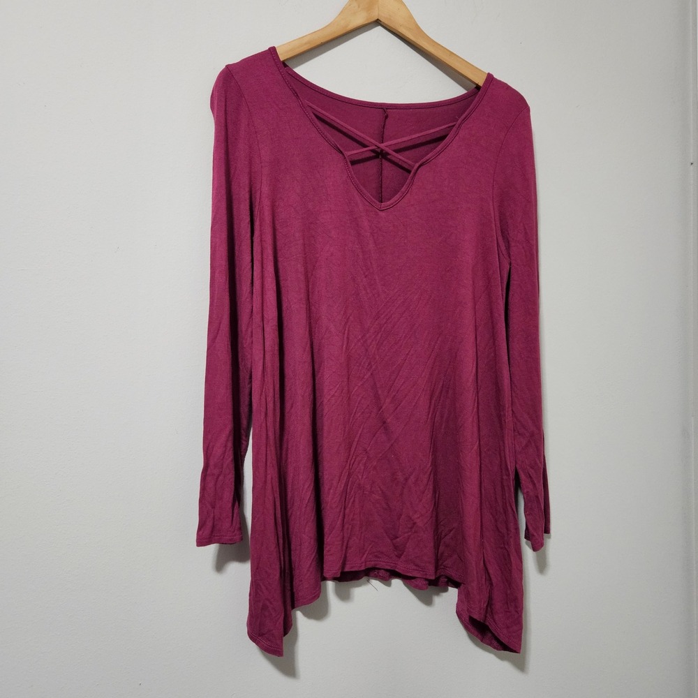 Magenta Crisscross V-Neck Long Sleeve Tunic Top Sharkbite Hem LT1695-S Medium
